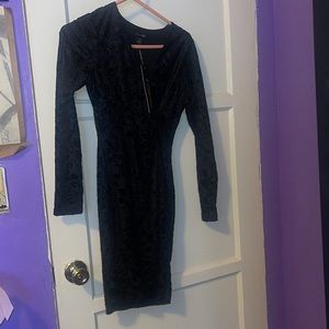 Black Floral Print Velvet Long Sleeve Dress
